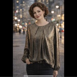 Liz Claiborne Medium Metallic Bronze Long Sleeve Blouse Soft Pleated Scoop Neck